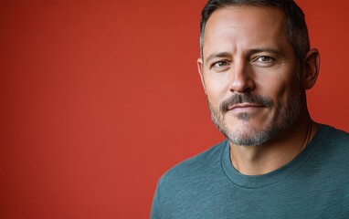 Obraz premium man with casual t-shirt is smiling at the camera, solid color background