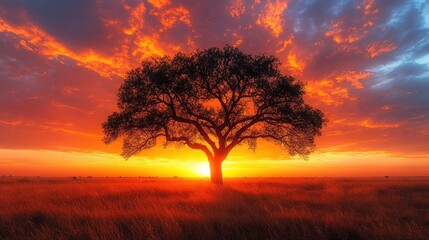 Solitary tree silhouetted against a vibrant sunset over a grassy field.
