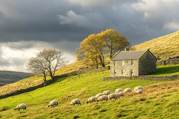 Obraz premium Stone house, sheep grazing, rolling hills, autumnal trees.