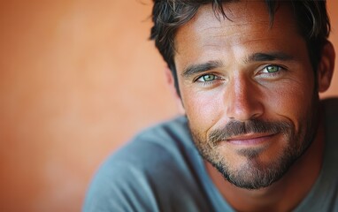 Obraz premium man with casual t-shirt is smiling at the camera, solid color background