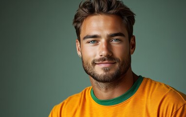 Fototapeta premium man with casual t-shirt is smiling at the camera, solid color background