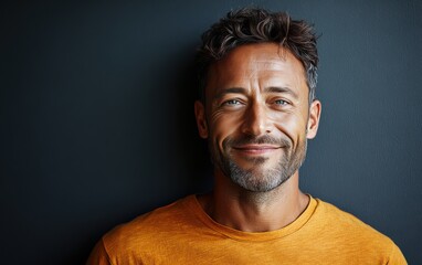 Fototapeta premium man with casual t-shirt is smiling at the camera, solid color background