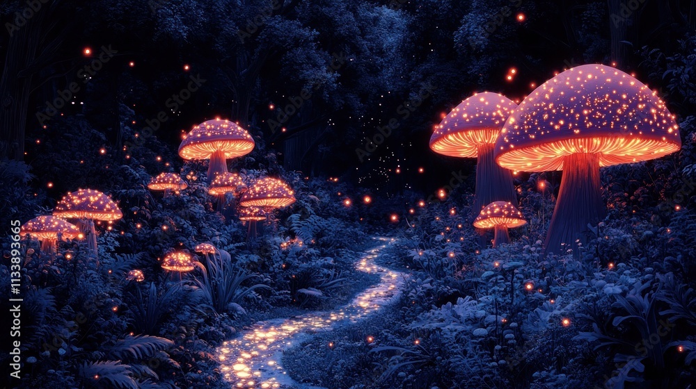 Poster a mystical forest scene with glowing mushrooms and a winding path illuminated by soft light.