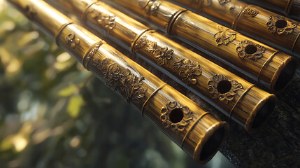 Naklejka premium A row of gold bamboo tubes with flowers on them