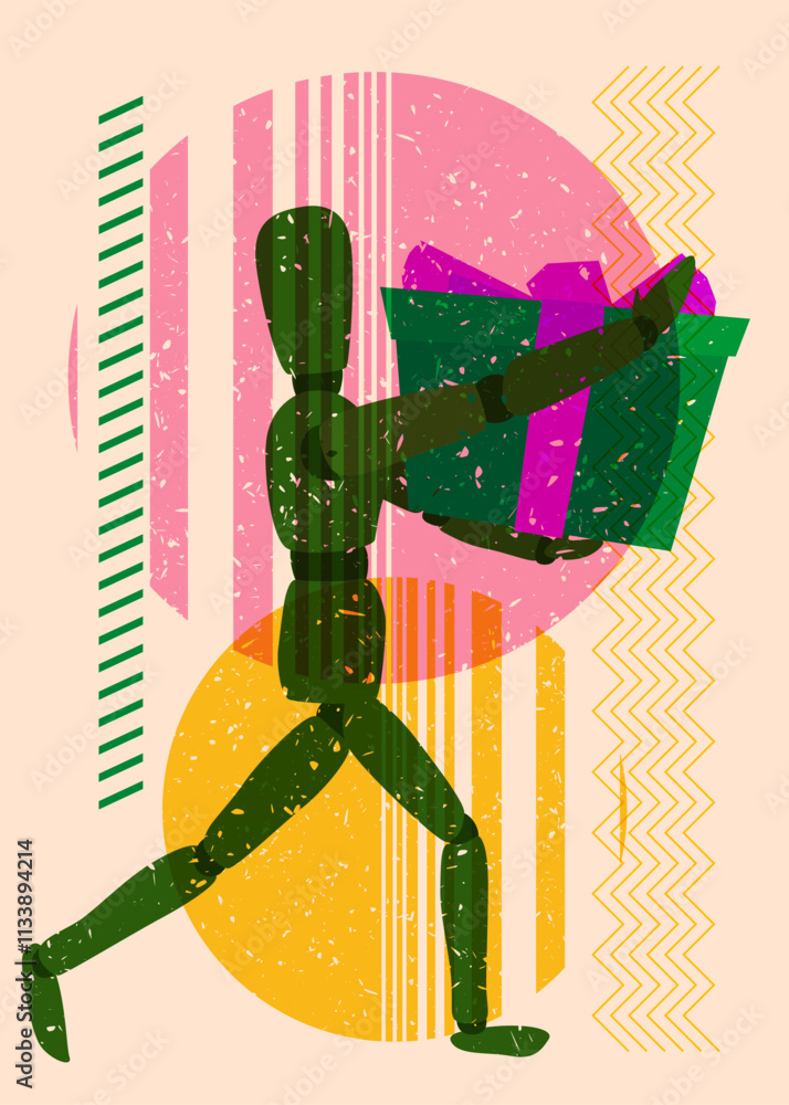 Poster risograph wooden puppet holding gift box with geometric shapes. objects in trendy riso graph print t