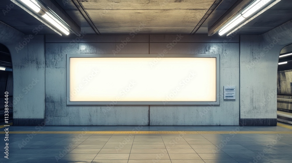 Poster empty subway station platform with illuminated blank billboard space
