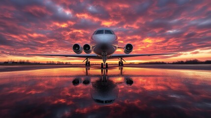 Private jet on runway reflecting vibrant sunset.