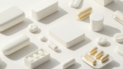 A clean arrangement of tablet and pill packaging on a pristine white background, showcasing modern pharmaceutical design and healthcare products
