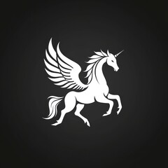 Fototapeta premium White winged unicorn, mythical creature, elegant design, dark background.