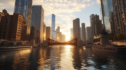 Fototapeta premium Chicago Cityscape at Sunrise (16K Resolution Ultra Photorealistic)
