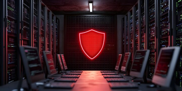 Cyber security. A dimly lit server room features a glowing red shield symbol, symbolizing cybersecurity and protection, with several monitors positioned around a central table.