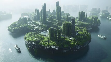 Overgrown futuristic city islands floating on tranquil waters