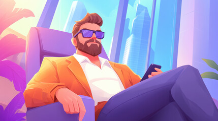 Obraz premium Relaxed businessman in modern office with cityscape view and phone