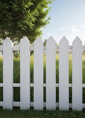 Fototapeta premium White wooden fence with grass peeking through, landscape, farm, spring