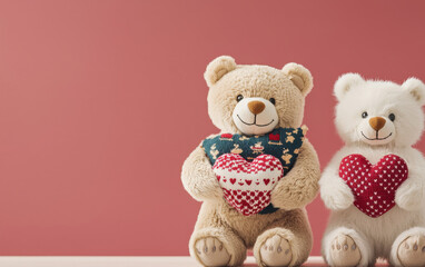 Teddy bears holding heart shaped pillows create heartwarming scene