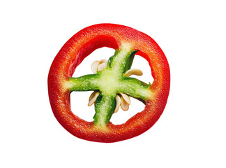 Fresh red bell pepper slice showcasing vibrant colors and seeds. PNG transparent.