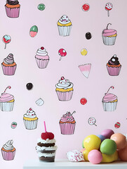 A playful wall adorned with cupcake illustrations and colorful decorative eggs.