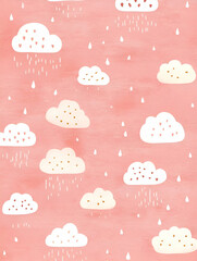 A pastel pink background featuring whimsical white clouds and raindrops.