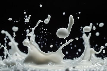 Musical notes created by splashing milk drops, high-speed flash, liquid motion detail, with copy space