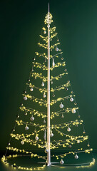 &ldquo;Minimalist Christmas Tree Design&rdquo; &ndash; A simple Christmas tree made of glowing string lights and ornaments on a solid plain green background, symbolizing modern holiday elegance.
