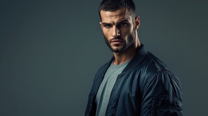 Fototapeta premium A contemporary shot of a handsome man in a bomber jacket, with a serious expression and a monochromatic gray background
