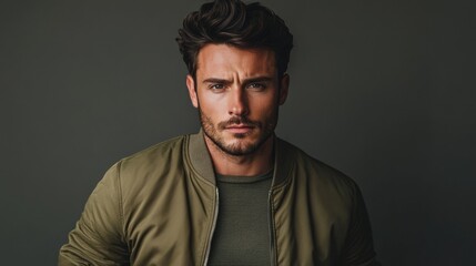 Fototapeta premium A contemporary shot of a handsome man in a bomber jacket, with a serious expression and a monochromatic gray background