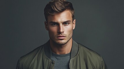 Fototapeta premium A contemporary shot of a handsome man in a bomber jacket, with a serious expression and a monochromatic gray background