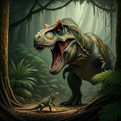 Tyrannosaurus rex with prehistoric landscape. High quality image. Ai generated.