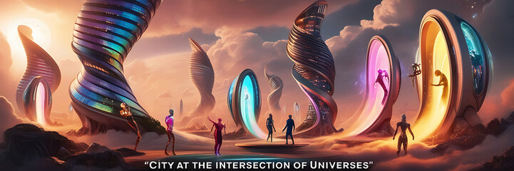 “City at the Intersection of Universes” – A futuristic cityscape where multiple universes collide, featuring warped skyscrapers, glowing portals, and beings from different realities interacting.
