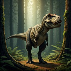 Tyrannosaurus rex with prehistoric landscape. High quality image. Ai generated.
