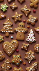 A festive arrangement of decorated gingerbread cookies in various shapes and colors.