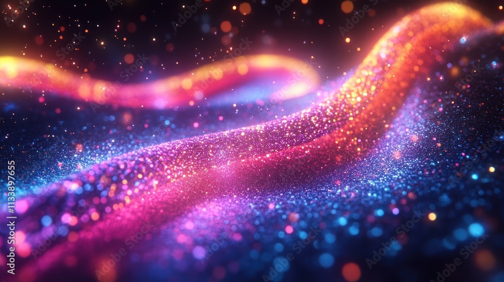 Poster a vibrant, glowing wave of colorful particles creating a dynamic, abstract visual effect.