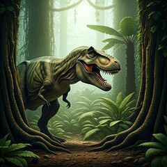 Tyrannosaurus rex with prehistoric landscape. High quality image. Ai generated.