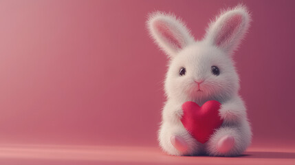 Obraz premium Valentines Day Concept Soft Toy White Rabbit Holding Red Heart Romantic Gift Love Celebration Emotion Happiness Cute Adorable Photography Composition Lighting