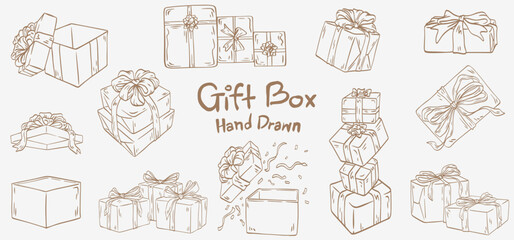 Gift box set line icon of christmas and new year design in doodle style. hand drawn holiday vector collection.