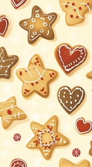 A festive pattern featuring decorated gingerbread cookies in star and heart shapes.