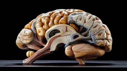 A detailed anatomical model of the human brain, front view, showcasing labeled regions such as the frontal lobe, temporal lobe, and cerebellum