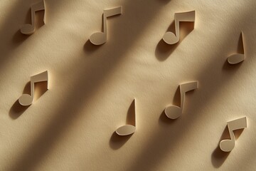 Musical notes cut from paper casting shadows, soft box lighting, detailed paper texture, with copy space