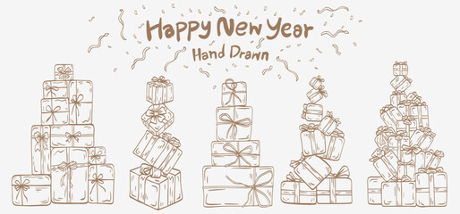 Gift box set line icon of christmas and new year design in doodle style. hand drawn holiday vector collection.