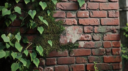 A detailed and aged red brick wall with visible erosion, moss patches, and uneven brick placements, ideal for adding a classic touch to designs