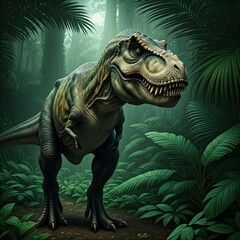 Tyrannosaurus rex with prehistoric landscape. High quality image. Ai generated.