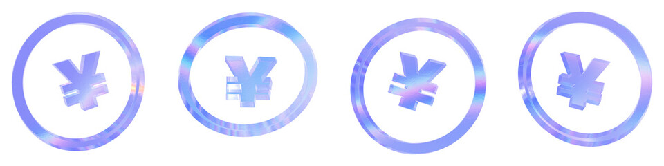Obraz premium Set of 4 3d glass yen coin outline shape with aberration effect isolated on a transparent background. Blue tone. 3d transparent elements for graphic design.