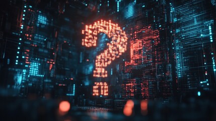 A digital-themed question mark composed of glowing pixels, positioned against a dark blue futuristic wall background