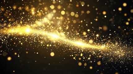 A dynamic scene of flying golden confetti, illuminated with a glowing brilliance against a smooth black background, perfect for luxury celebrations