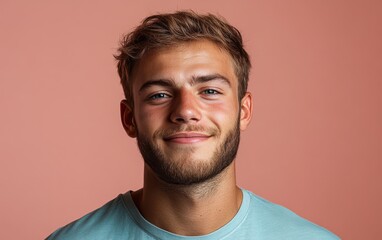 Fototapeta premium man with casual t-shirt is smiling at the camera, solid color background