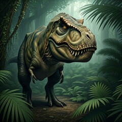 Tyrannosaurus rex with prehistoric landscape. High quality image. Ai generated.