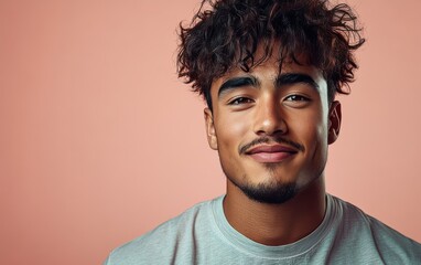 Fototapeta premium man with casual t-shirt is smiling at the camera, solid color background