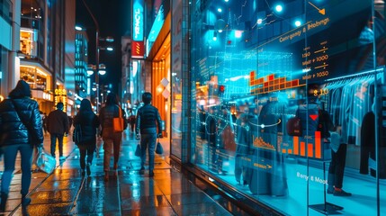 A vibrant retail storefront with digital charts displaying upward trends and growth statistics overlayed, set in a bustling urban environment symbolizing EMEA market success