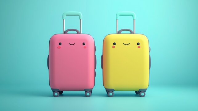 Playful Colorful Luggage with Smiling Faces on a Bright Background