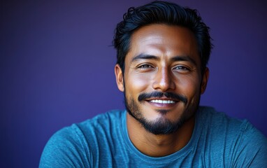 Fototapeta premium man with casual t-shirt is smiling at the camera, solid color background